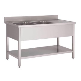 Plonge inox avec étagère basse Gastro M 2 bacs à gauche 1600 x 700 x 850mm